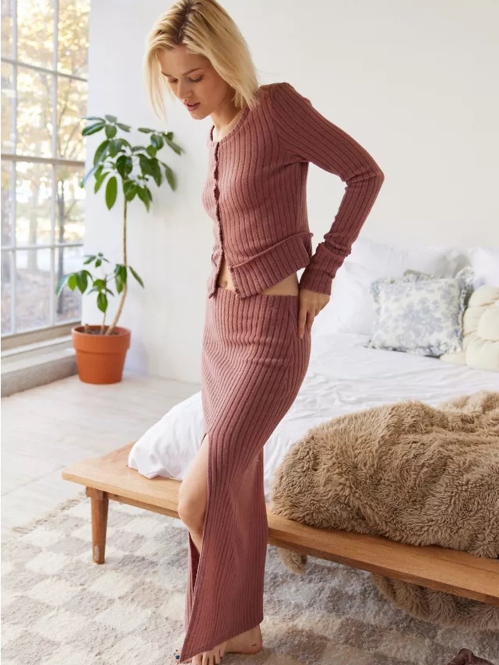 Urban Outfitters Ribbed Button-Front Midi Skirt Set in Dusty Rose